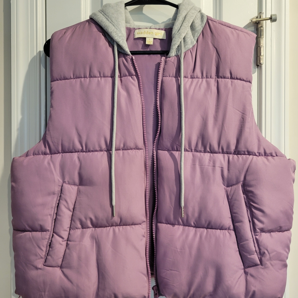 Purple Puffer Vest with Gray Hood